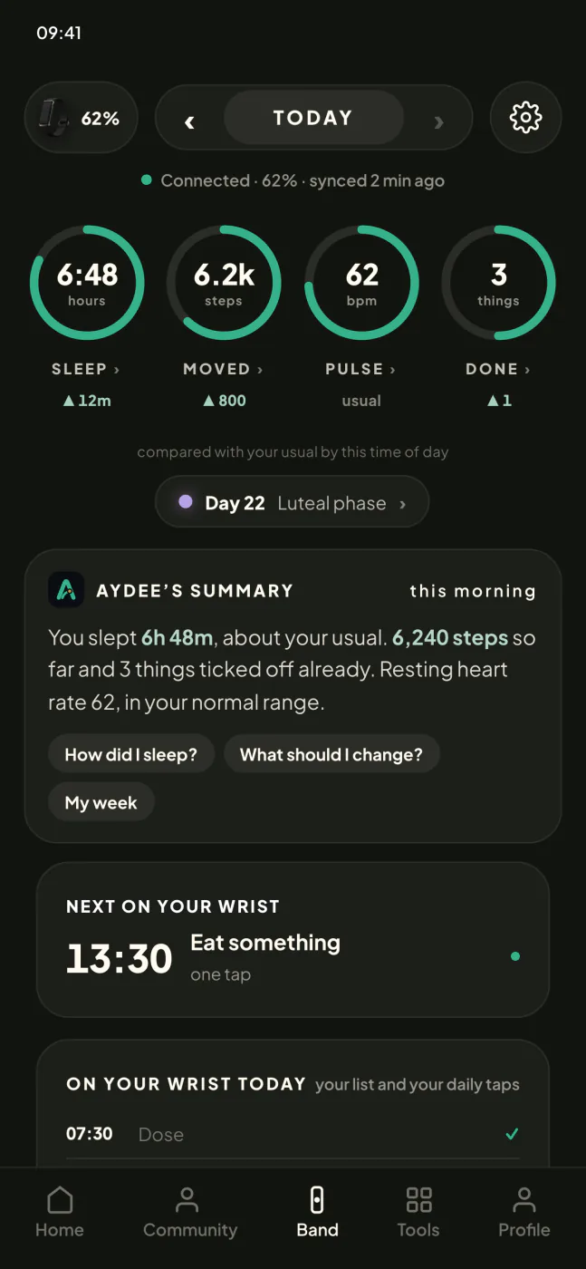 The Band tab in The Focus Club app showing sleep, steps, resting heart rate and done rings