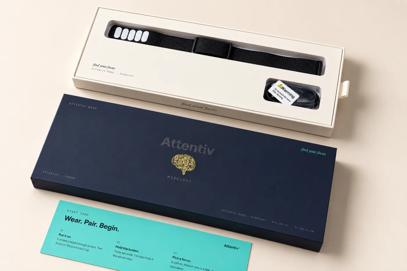 Attentiv Band box: band and charger in tray, lid and start card